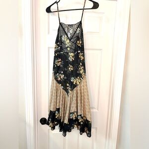 Free People Boho Floral Lace Midi Slip Dress in Black & Beige; Festival Vibes